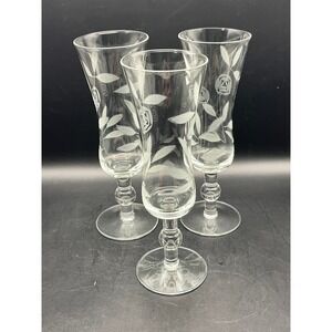Set of 3 Etched Rose Leaf Glass Fluted‎ Schnapps Champagne Flutes Tall Stemware